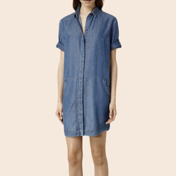 All Saints Calla Bay Blue Chambray Mini Shirt Dress Size 2 - Picture 1 of 15